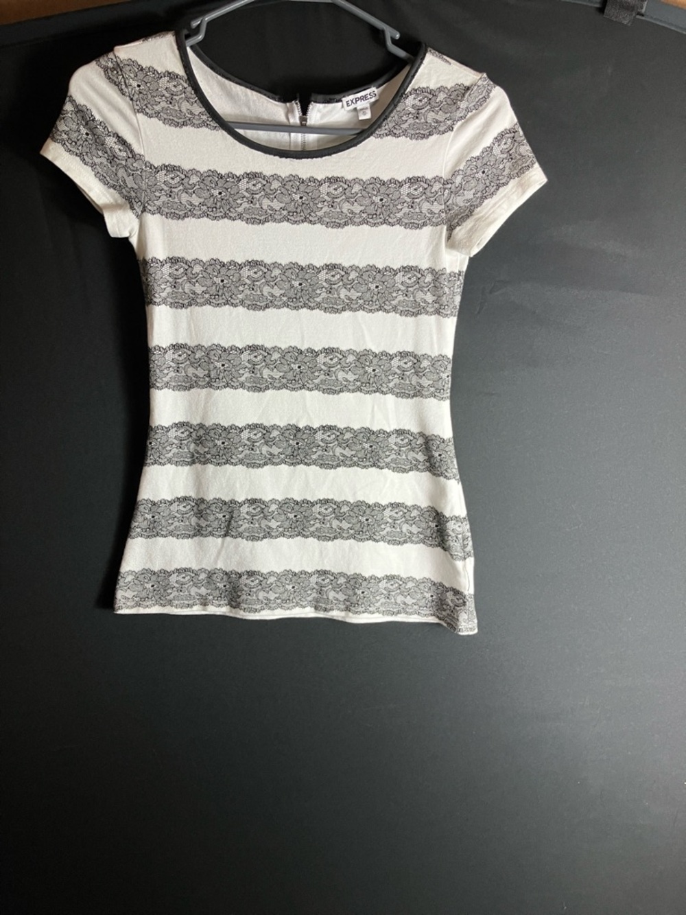 Express Women's Cream and Black Lace-Trim Stripe Short Sleeve Top